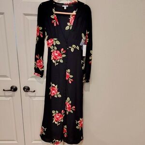Amuse Society WomensS All Buttoned Long Sleeve Black Floral Dress NWT